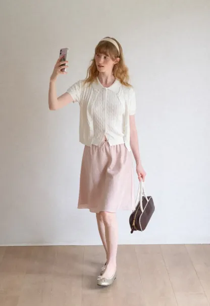 Cable Knit Short Sleeve Collared Knit Sweater