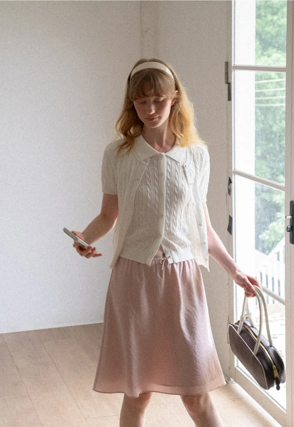 Cable Knit Short Sleeve Collared Knit Sweater