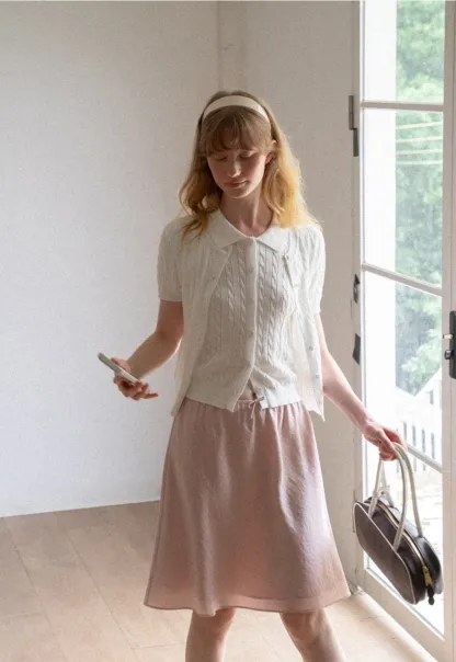 Cable Knit Short Sleeve Collared Knit Sweater