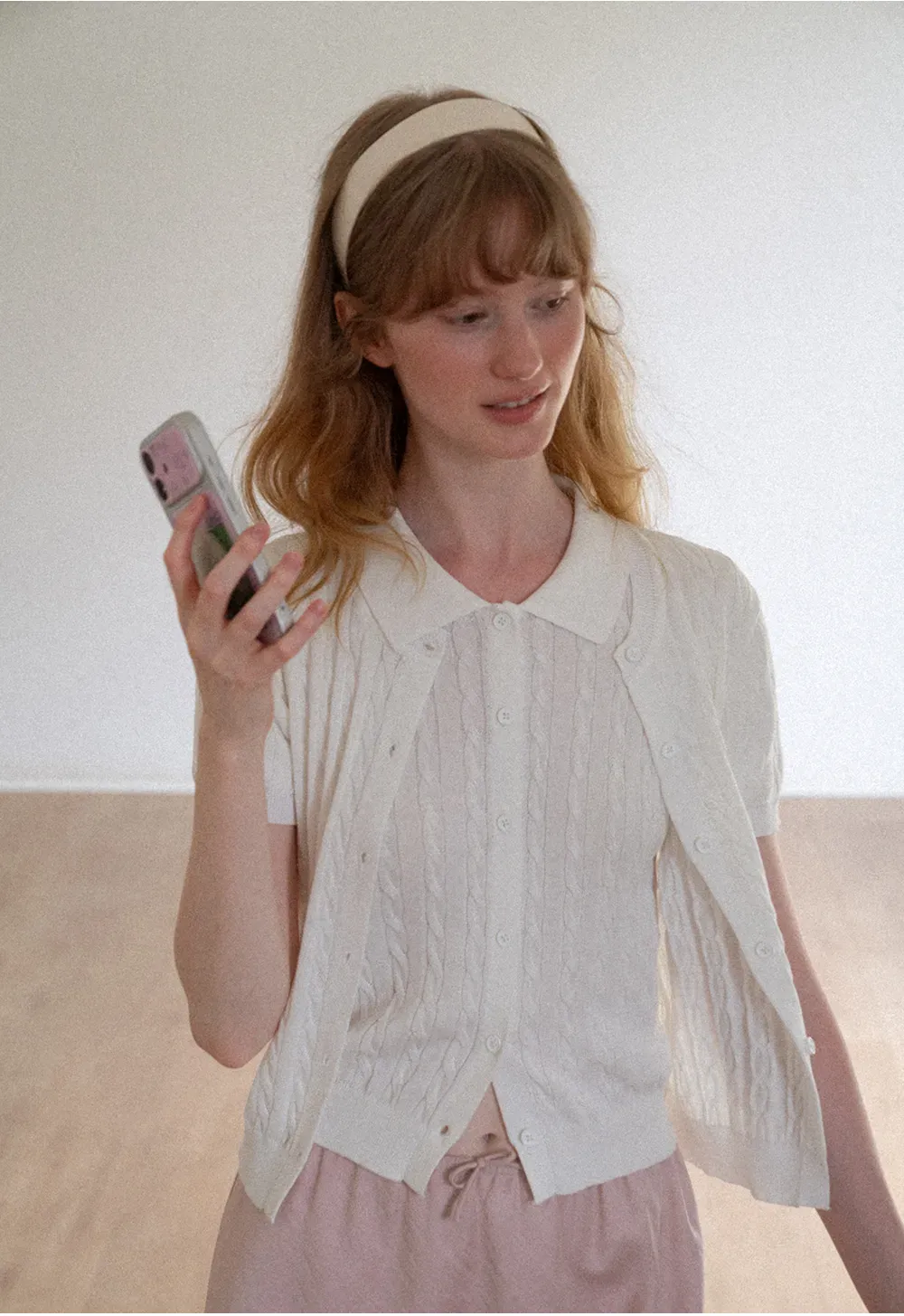 Cable Knit Short Sleeve Collared Knit Sweater