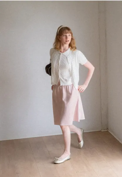 Cable Knit Short Sleeve Collared Knit Sweater