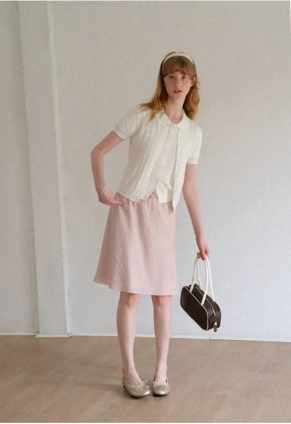 Cable Knit Short Sleeve Collared Knit Sweater