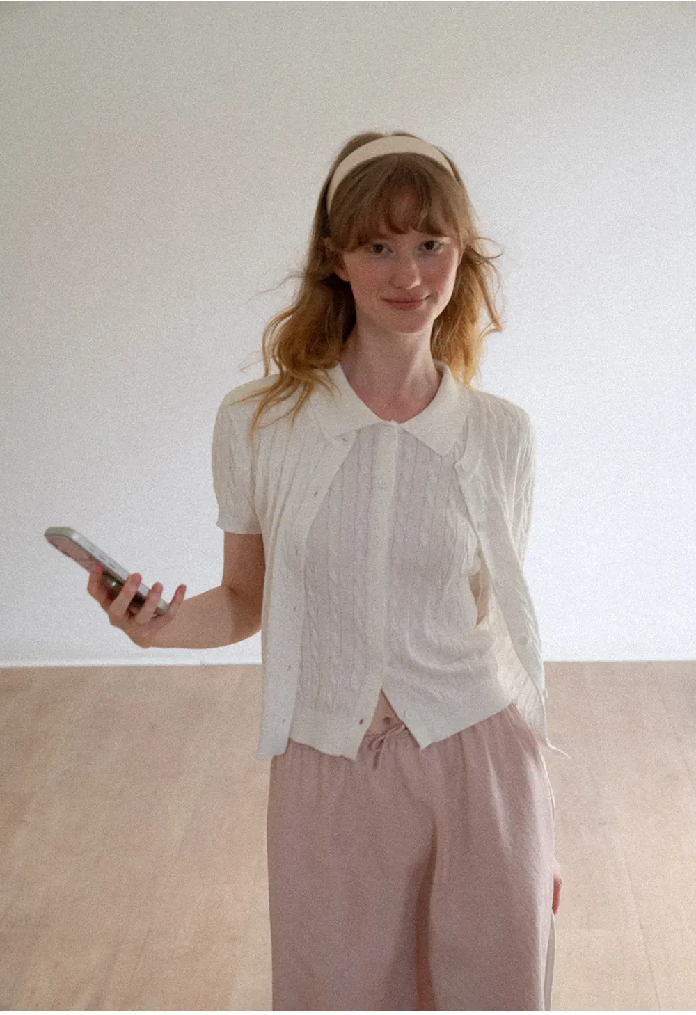 Cable Knit Short Sleeve Collared Knit Sweater