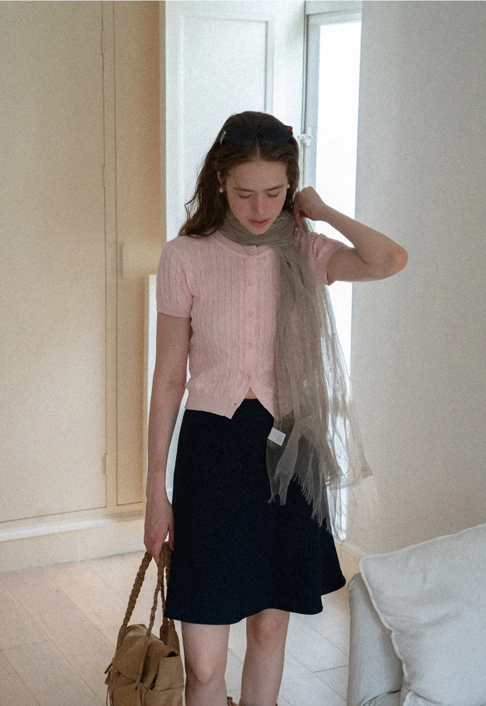 Cable Knit Short Sleeve Collared Knit Sweater