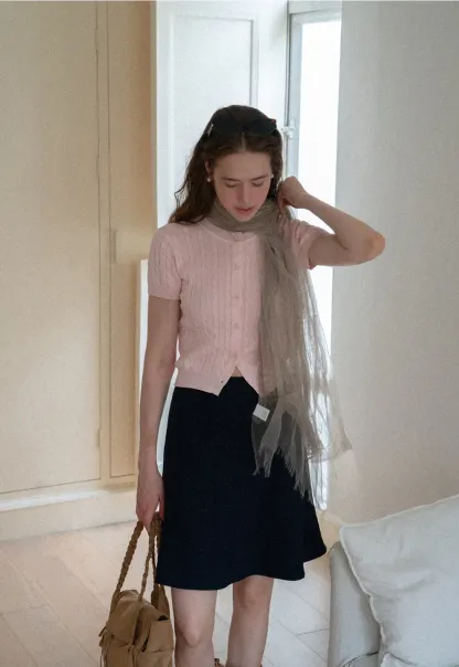 Cable Knit Short Sleeve Collared Knit Sweater