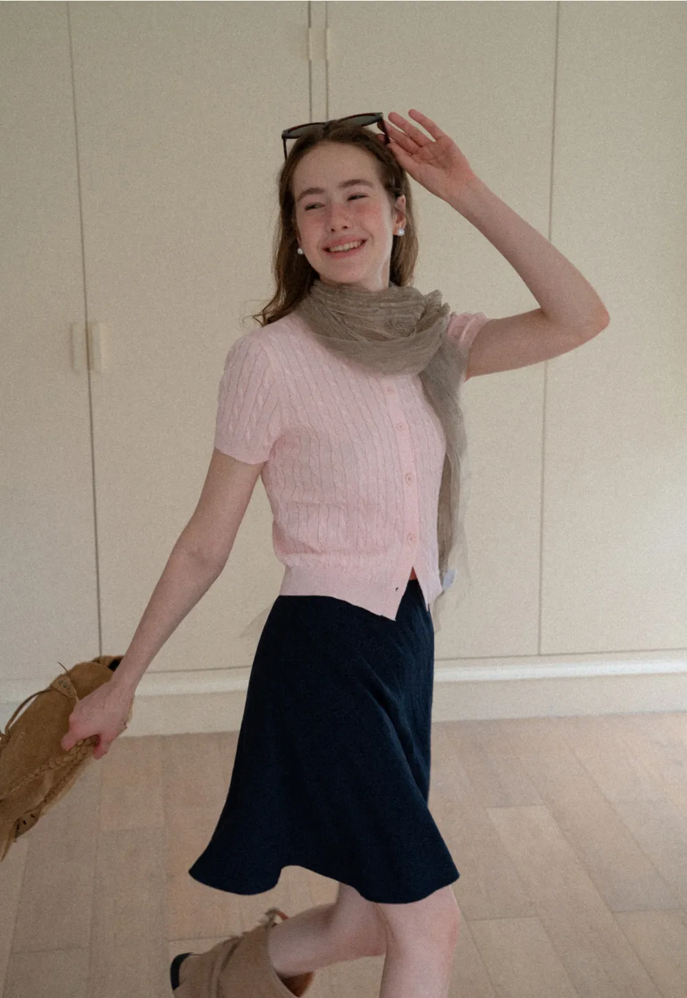 Cable Knit Short Sleeve Collared Knit Sweater