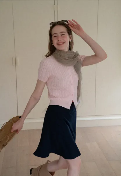 Cable Knit Short Sleeve Collared Knit Sweater