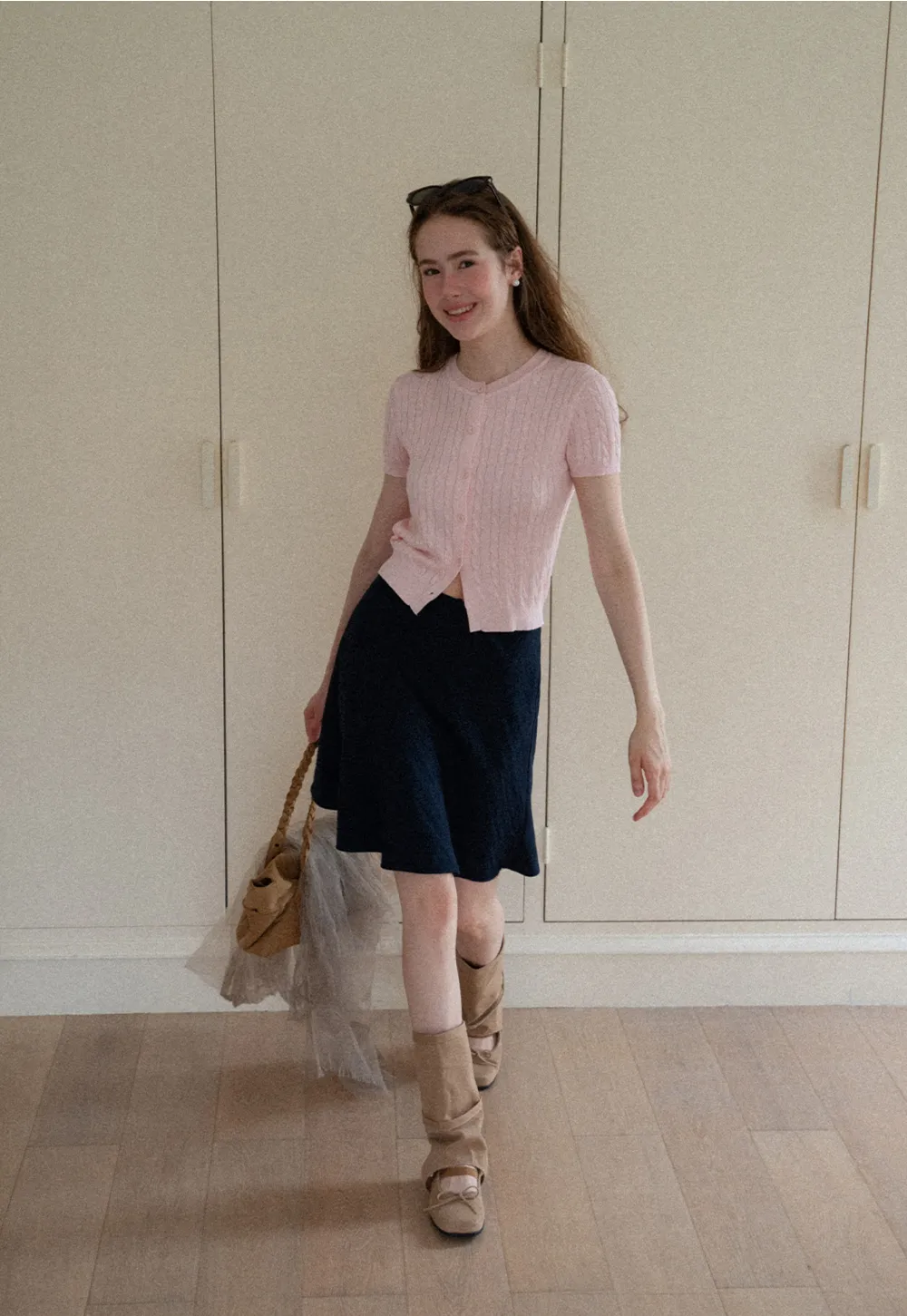 Cable Knit Short Sleeve Collared Knit Sweater