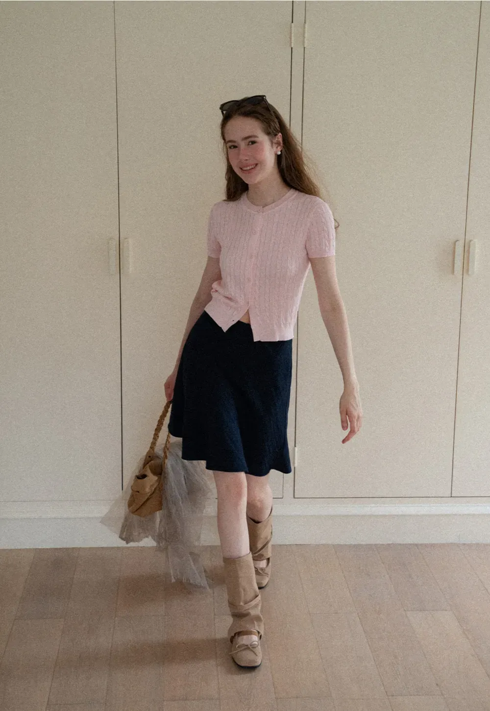 Cable Knit Short Sleeve Collared Knit Sweater