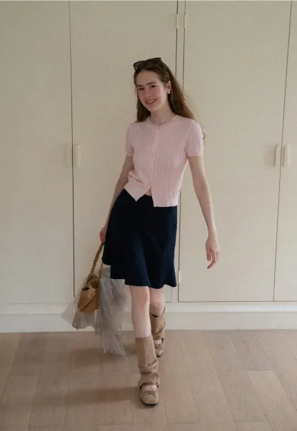 Cable Knit Short Sleeve Collared Knit Sweater