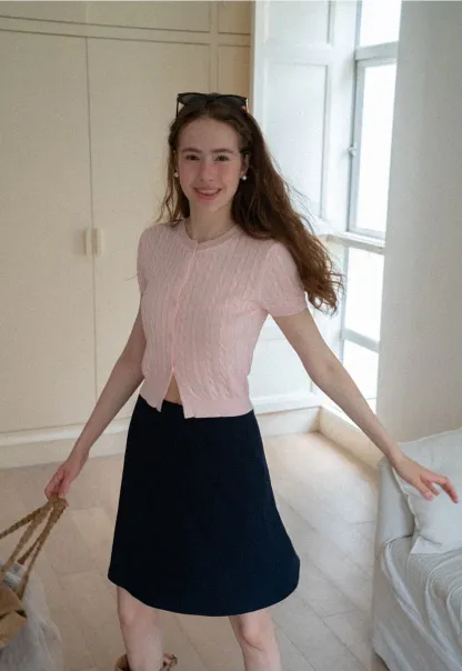 Cable Knit Short Sleeve Collared Knit Sweater