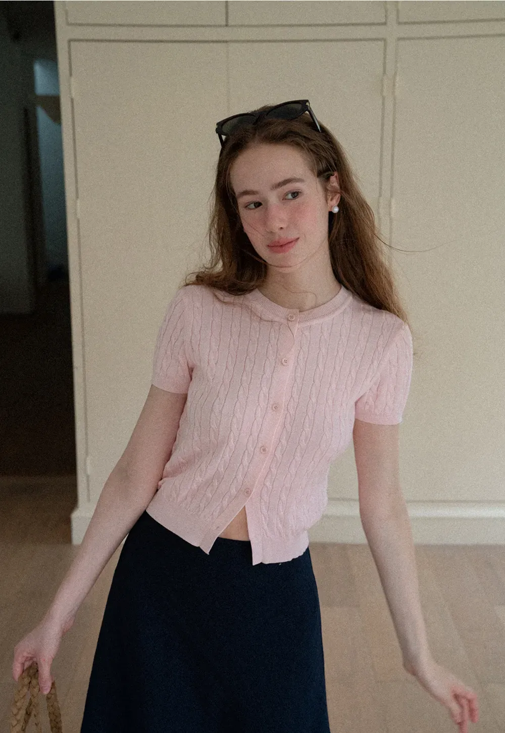 Cable Knit Short Sleeve Collared Knit Sweater
