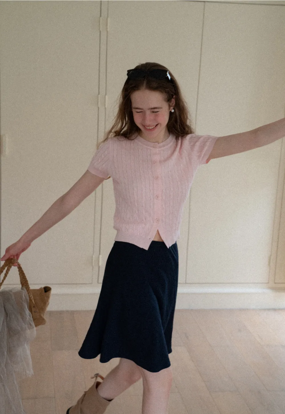 Cable Knit Short Sleeve Collared Knit Sweater