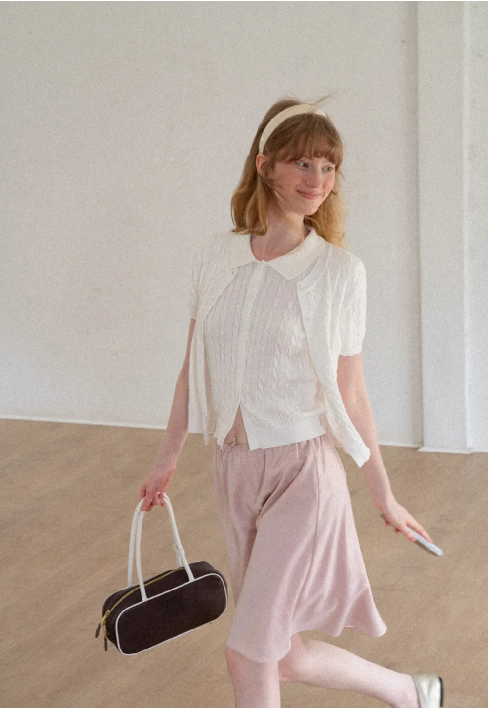 Cable Knit Short Sleeve Collared Knit Sweater