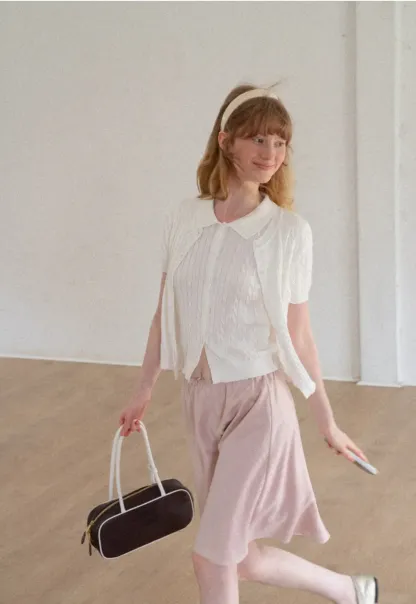 Cable Knit Short Sleeve Collared Knit Sweater
