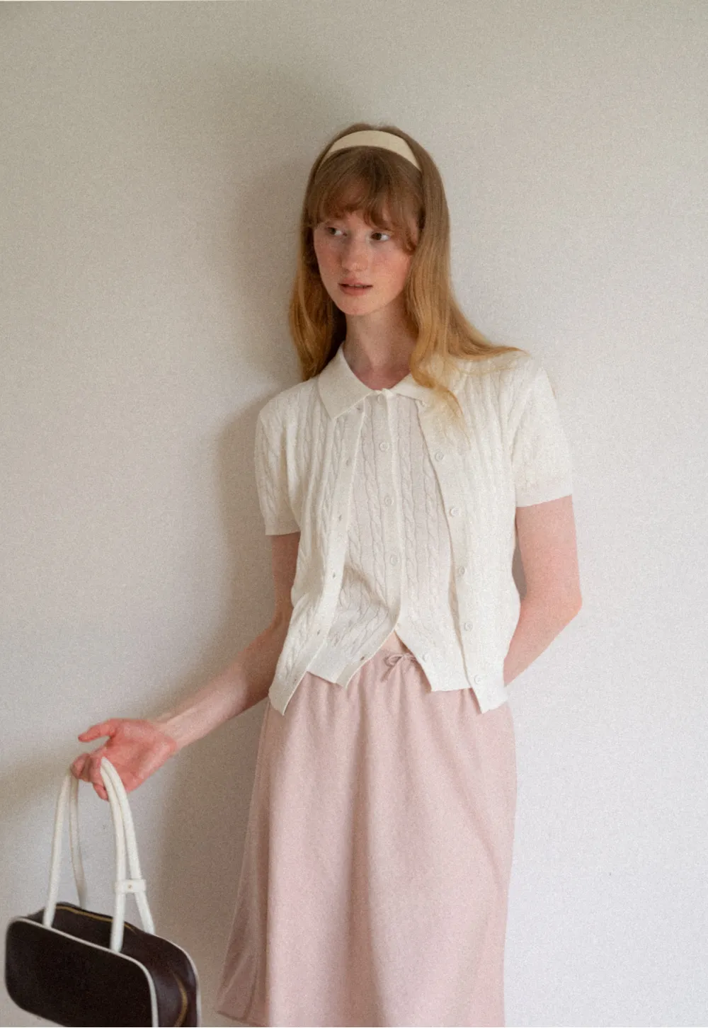 Cable Knit Short Sleeve Collared Knit Sweater