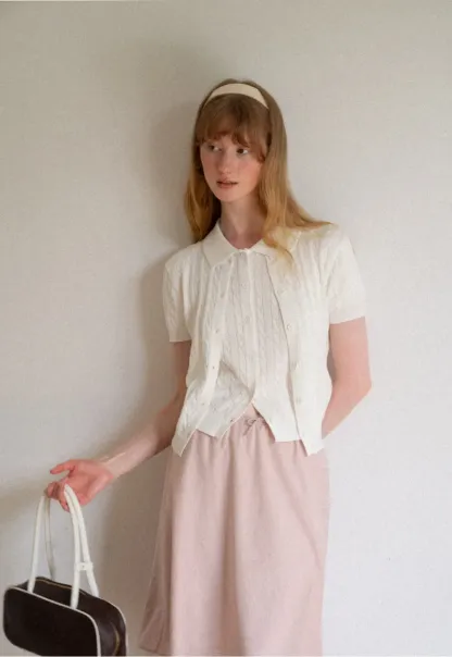 Cable Knit Short Sleeve Collared Knit Sweater