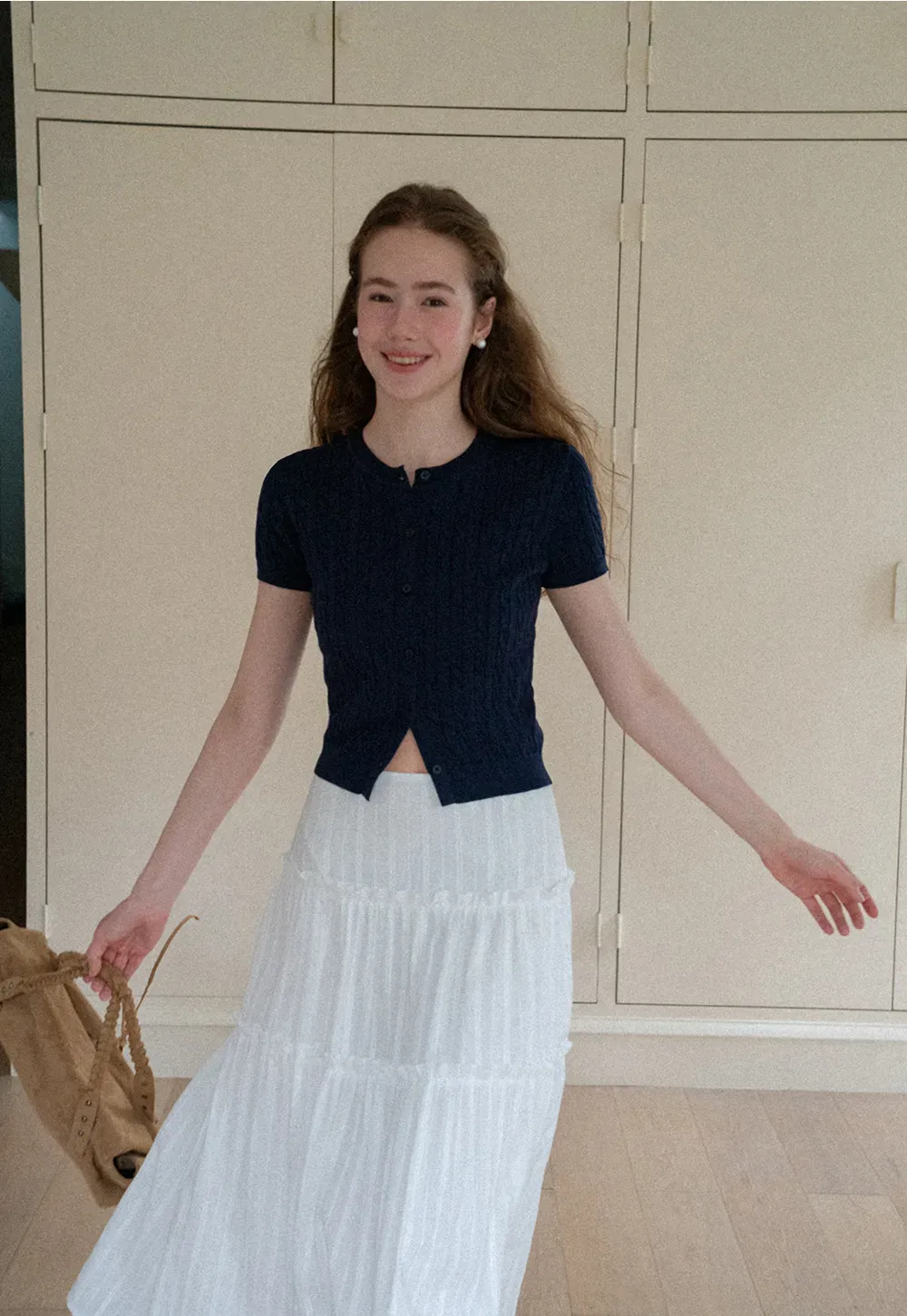 Cable Knit Short Sleeve Collared Knit Sweater