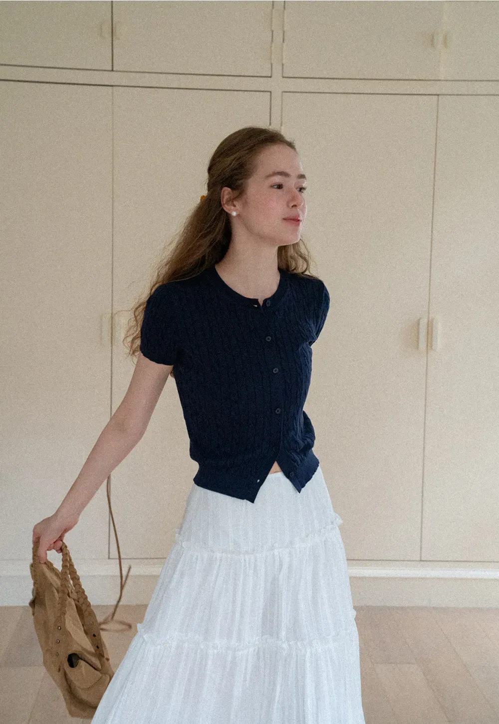 Cable Knit Short Sleeve Collared Knit Sweater