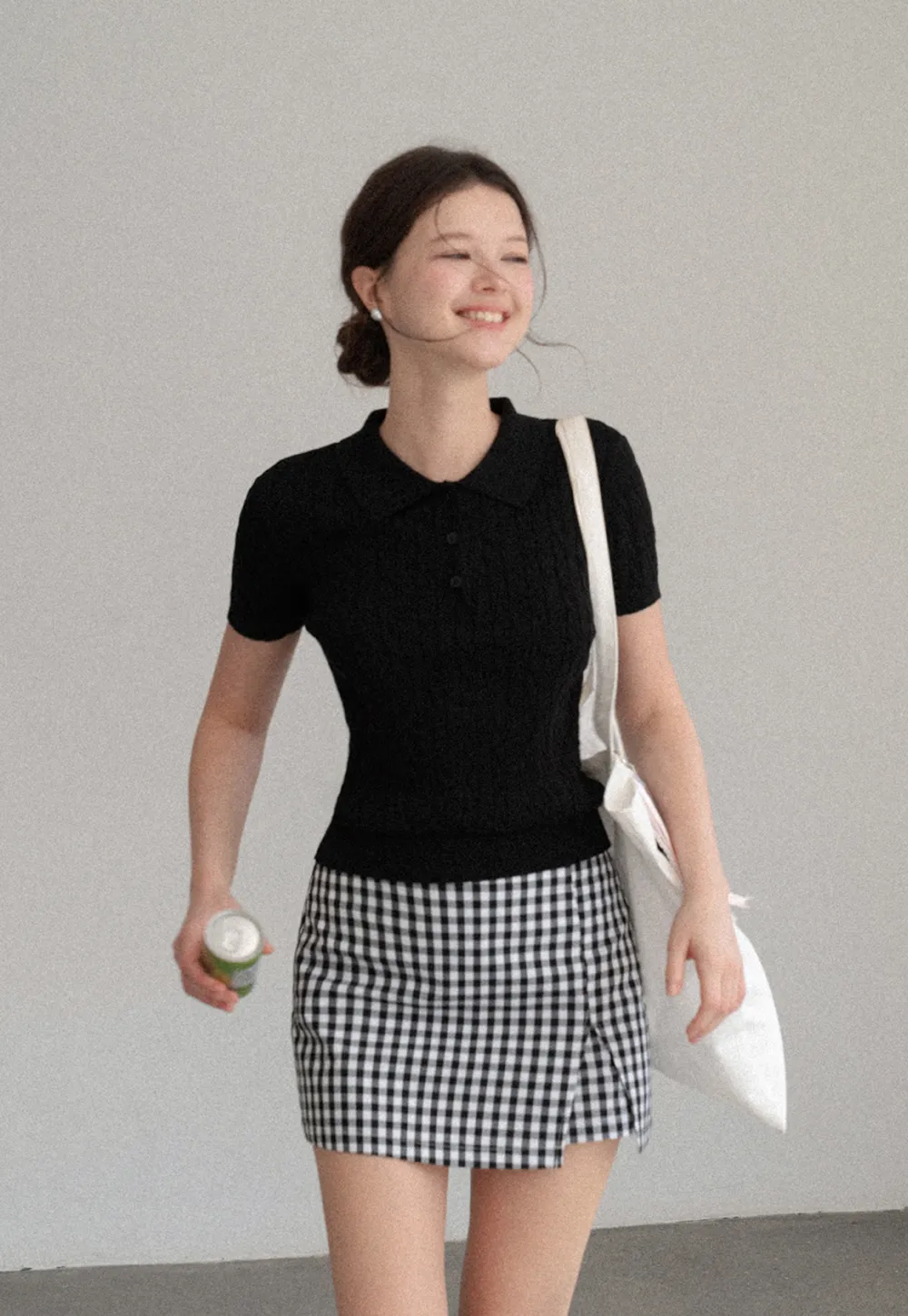Polo Collar Ribbed Knit Short Sleeve Sweater