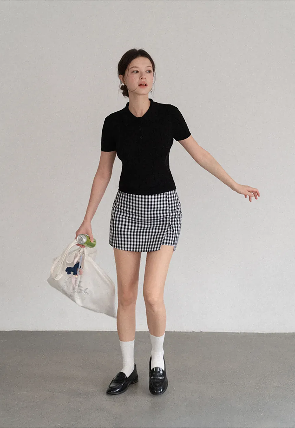 Polo Collar Ribbed Knit Short Sleeve Sweater