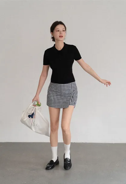 Polo Collar Ribbed Knit Short Sleeve Sweater