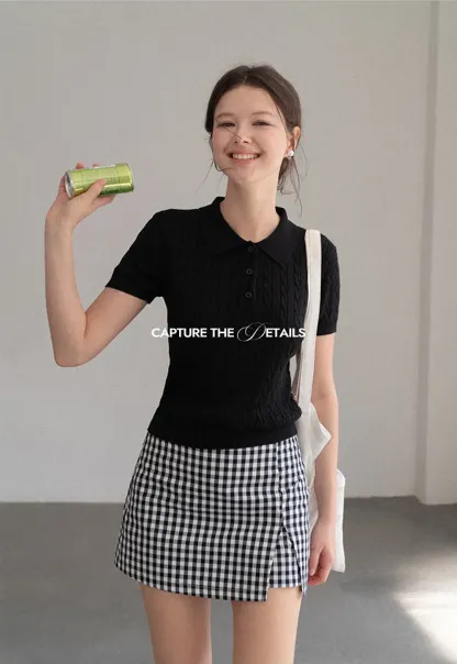 Polo Collar Ribbed Knit Short Sleeve Sweater