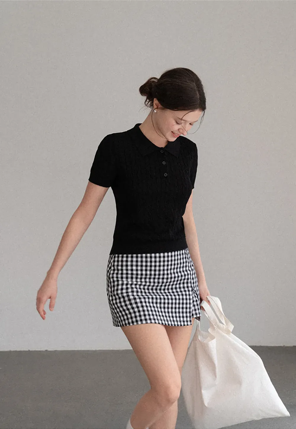 Polo Collar Ribbed Knit Short Sleeve Sweater