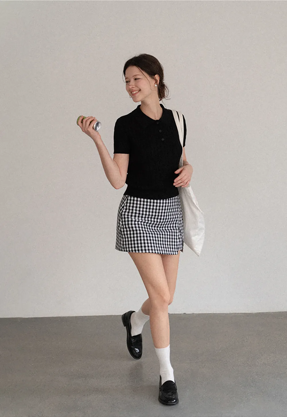 Polo Collar Ribbed Knit Short Sleeve Sweater