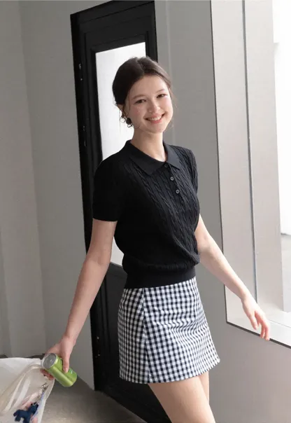 Polo Collar Ribbed Knit Short Sleeve Sweater