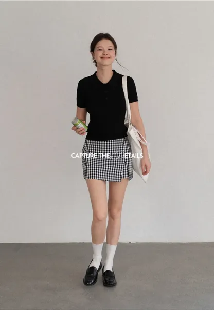 Polo Collar Ribbed Knit Short Sleeve Sweater