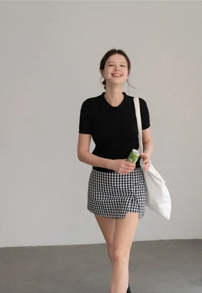 Polo Collar Ribbed Knit Short Sleeve Sweater