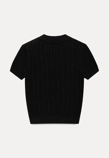 Polo Collar Ribbed Knit Short Sleeve Sweater