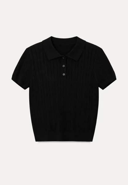 Polo Collar Ribbed Knit Short Sleeve Sweater