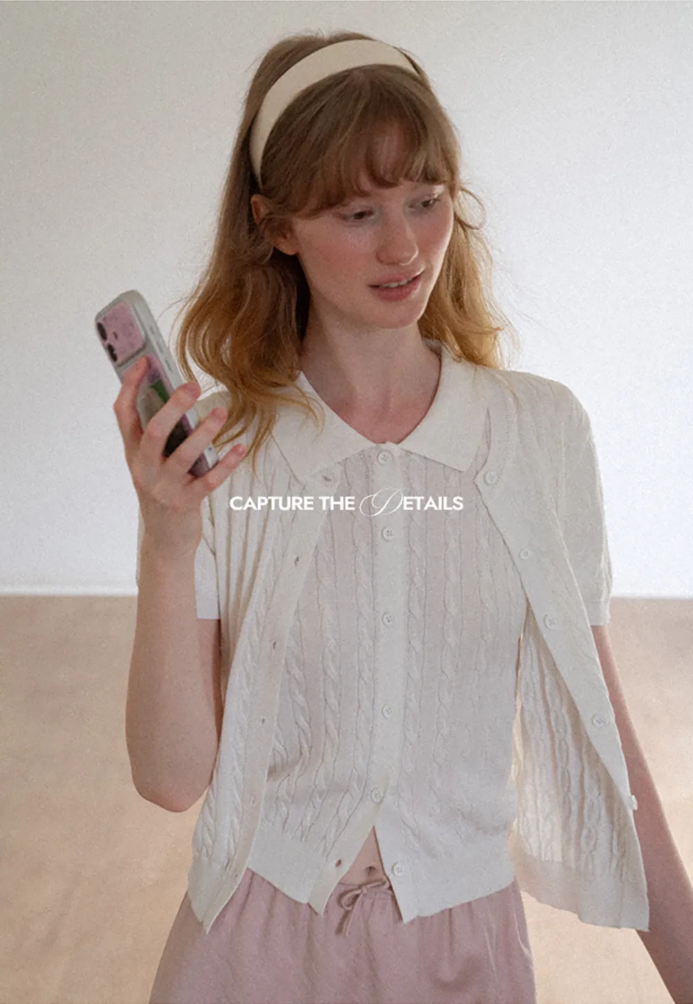 Cable Knit Short Sleeve Collared Cardigan