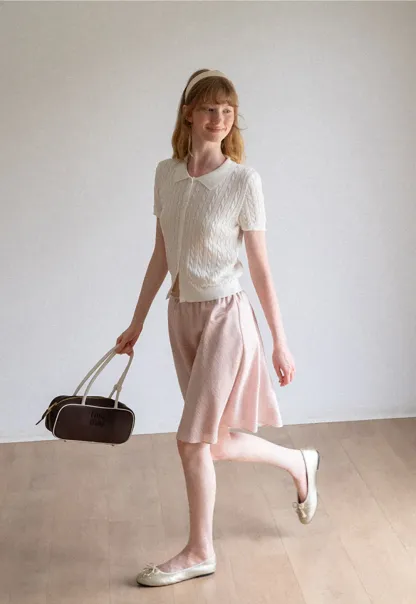 Cable Knit Short Sleeve Collared Cardigan