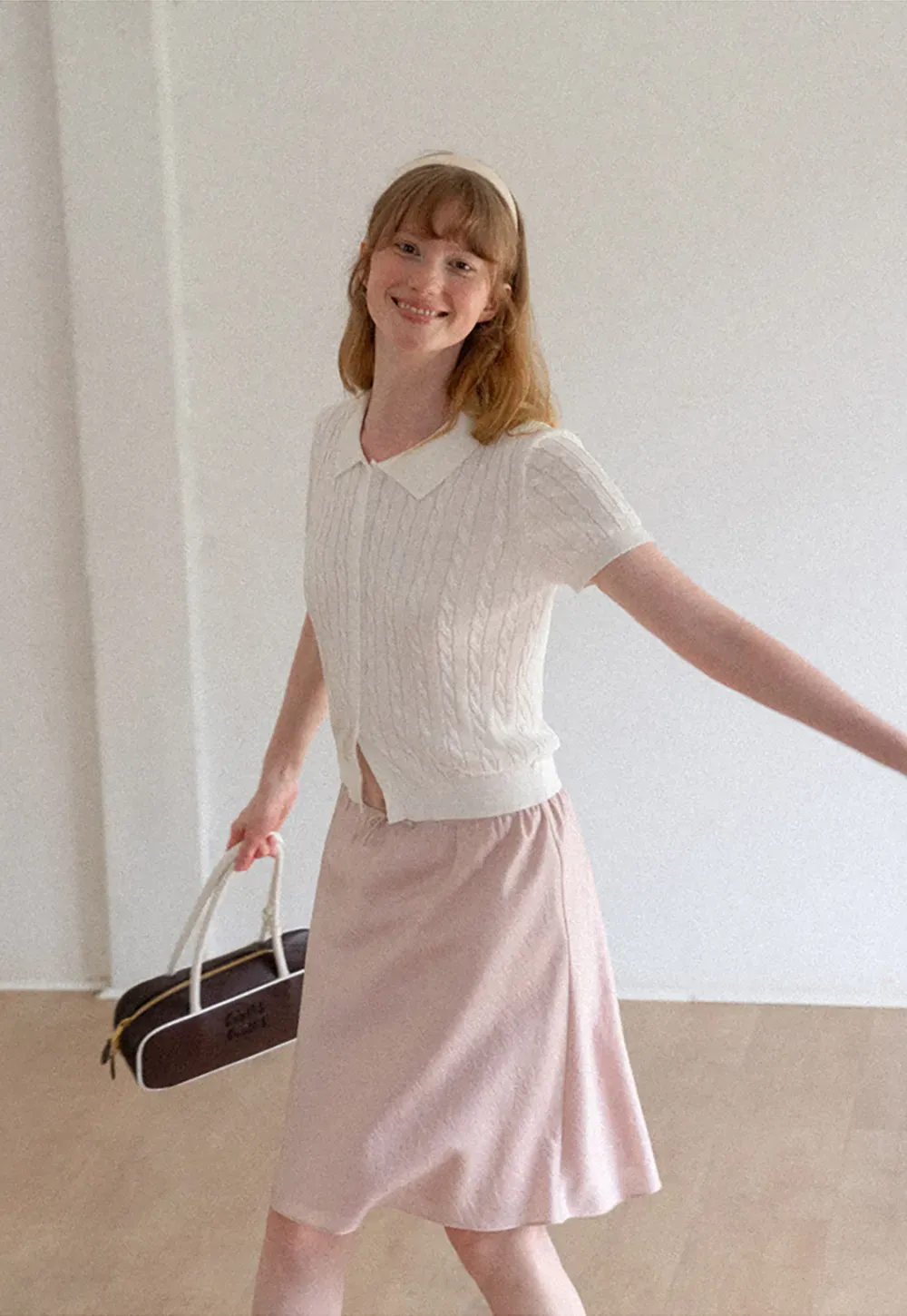 Cable Knit Short Sleeve Collared Cardigan