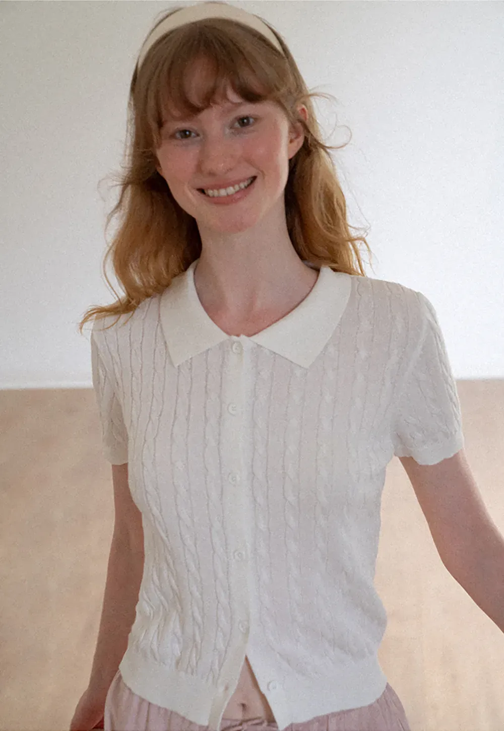 Cable Knit Short Sleeve Collared Cardigan