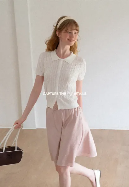 Cable Knit Short Sleeve Collared Cardigan
