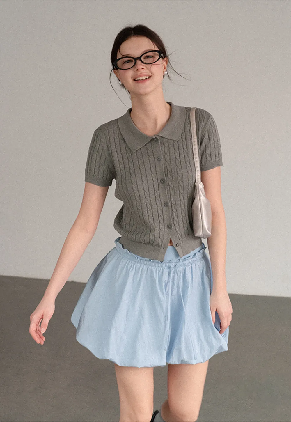 Cable Knit Short Sleeve Collared Cardigan