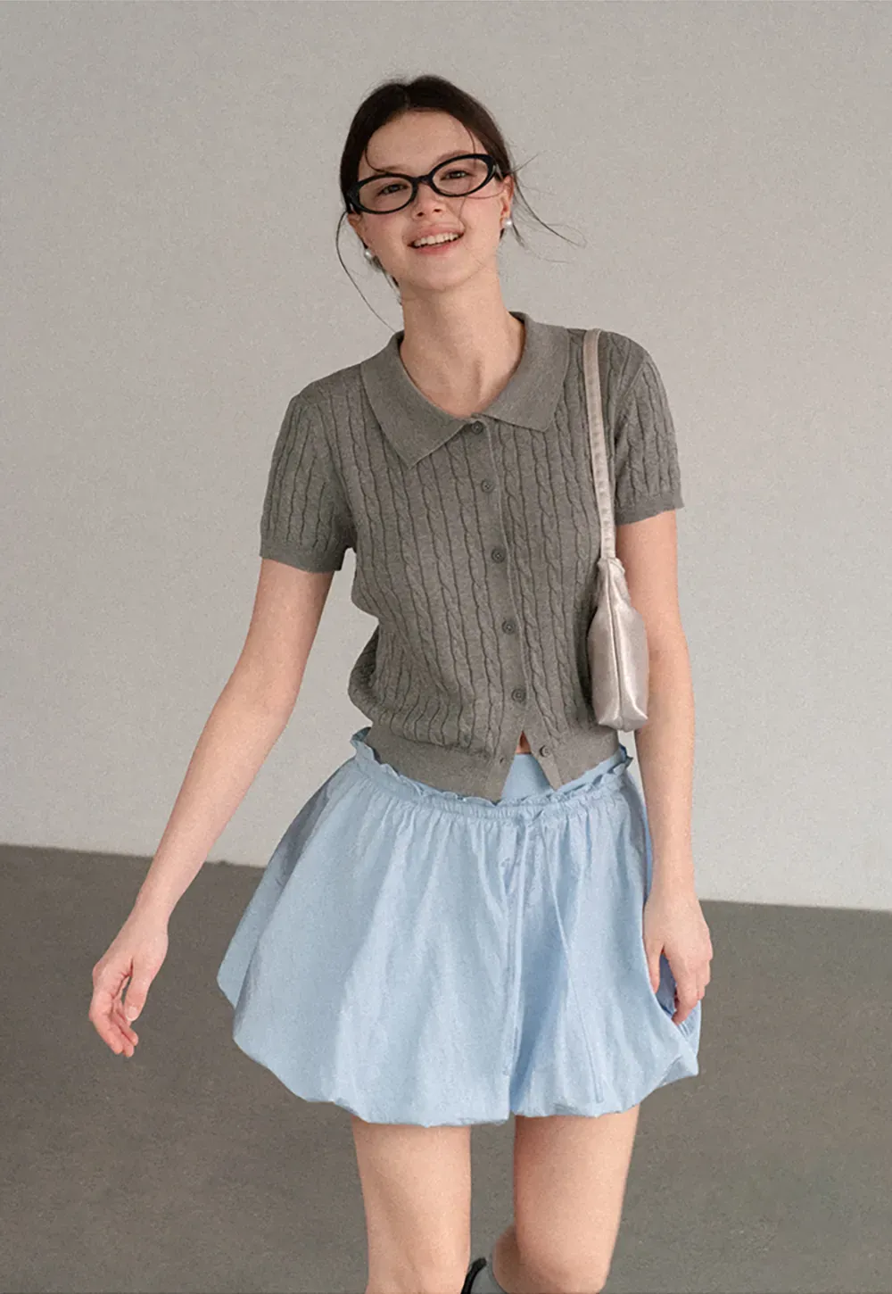 Cable Knit Short Sleeve Collared Cardigan