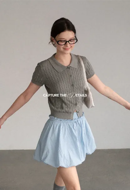 Cable Knit Short Sleeve Collared Cardigan