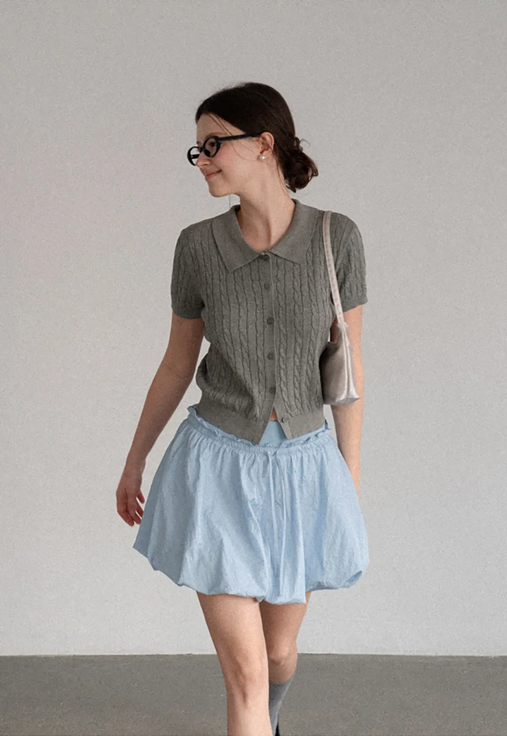 Cable Knit Short Sleeve Collared Cardigan