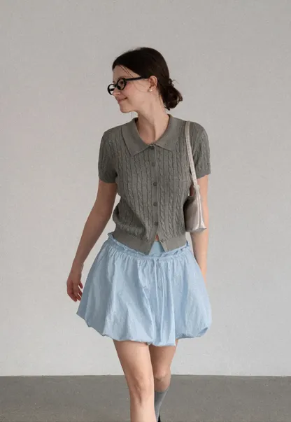 Cable Knit Short Sleeve Collared Cardigan