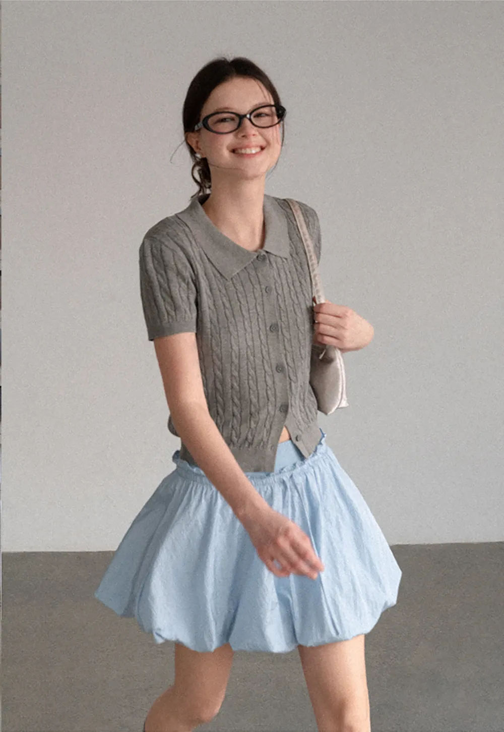 Cable Knit Short Sleeve Collared Cardigan