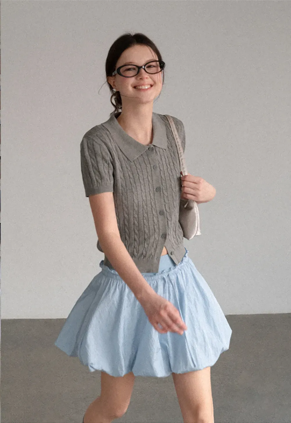 Cable Knit Short Sleeve Collared Cardigan