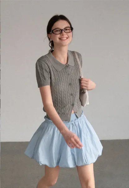 Cable Knit Short Sleeve Collared Cardigan