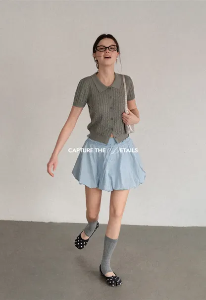Cable Knit Short Sleeve Collared Cardigan