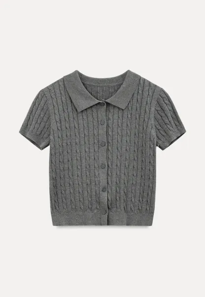Cable Knit Short Sleeve Collared Cardigan