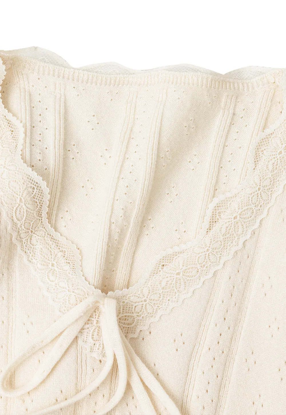 Scalloped V Neck Drawstring Long Sleeve Knit Sweater
